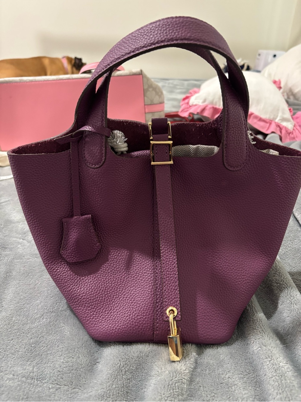 Pebbled Leather Tote Bag in Plum with inside organizer with drawstring close